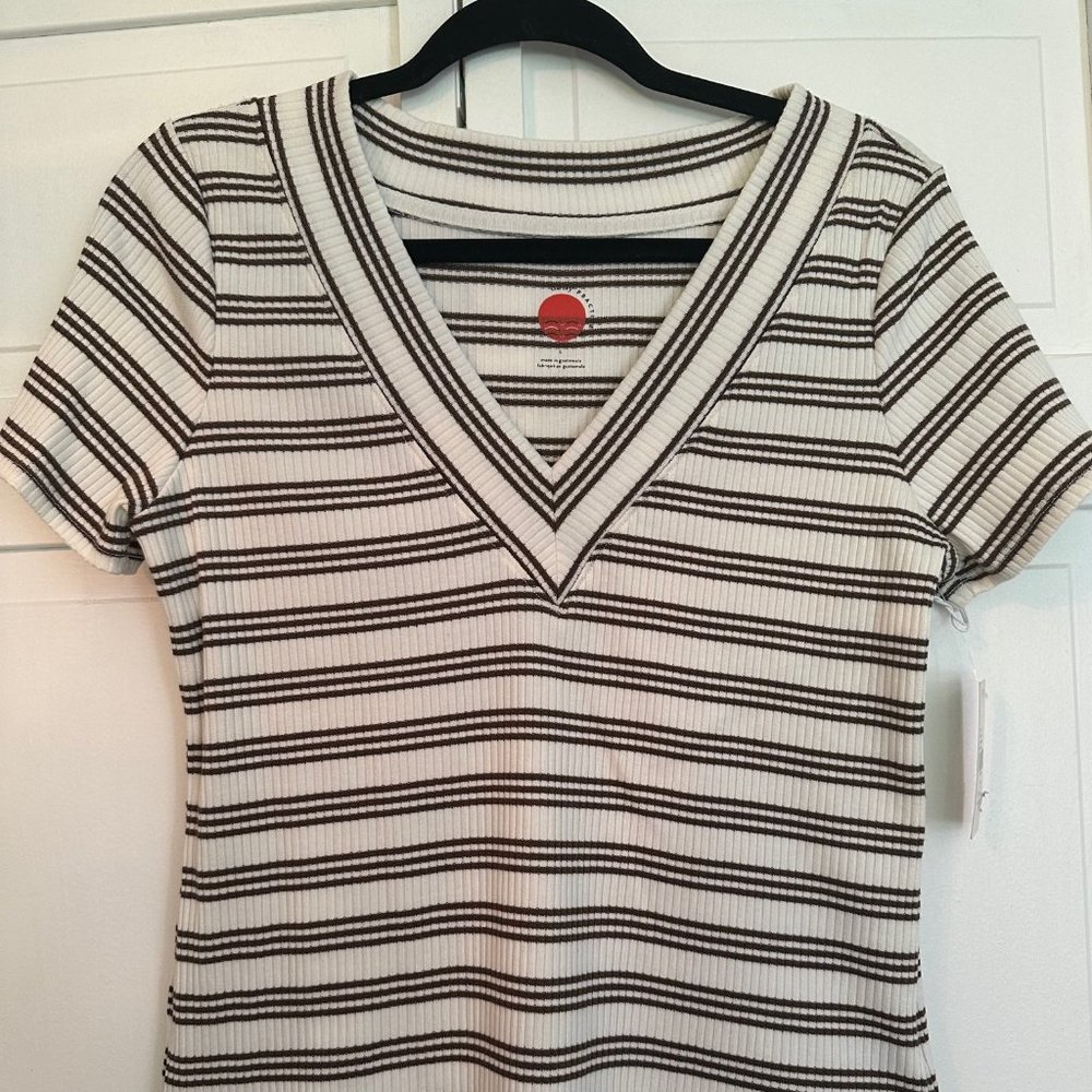 Anthropologie Cream and Brown Striped Ribbed V-Neck Tee